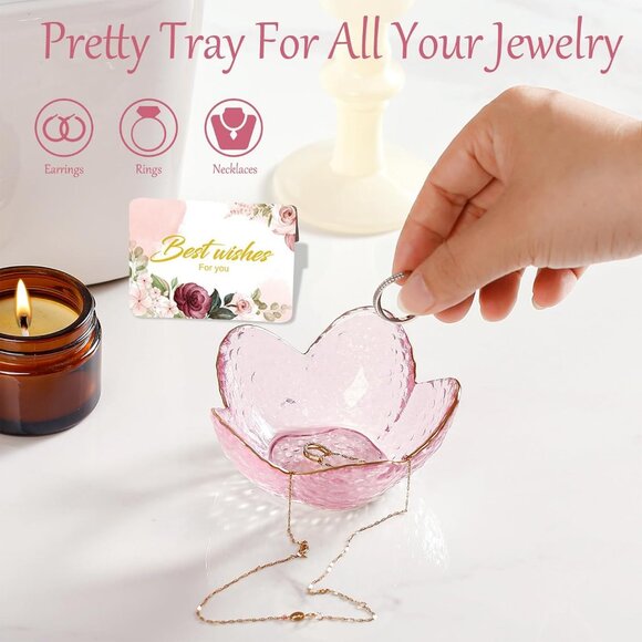 Pink Flower Jewelry Dish Glass Ring Holder Dish Jewelry Tray Cute Vanity - Picture 7 of 7